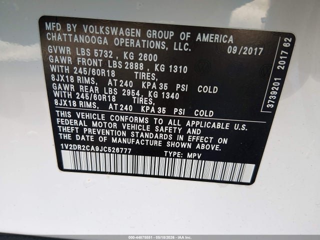 1V2DR2CA9JC526777 Volkswagen Atlas 3.6l V6 Se/3.6l V6 Se W/technology