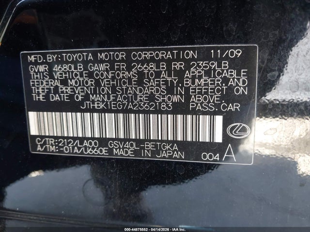 Aukcja sprzedaży 2010 Lexus Es 350, vin: JTHBK1EG7A2362183, numer aukcji: 44875552