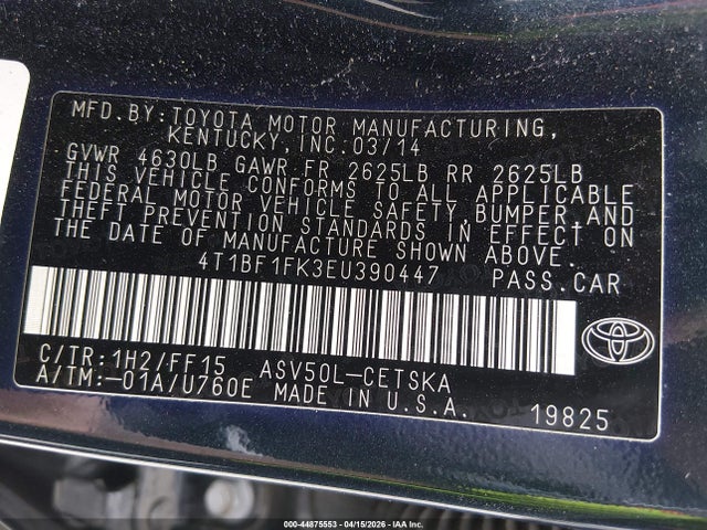 2014 Toyota Camry Se Sport მანქანა იყიდება აუქციონზე, vin: 4T1BF1FK3EU390447, აუქციონის ნომერი: 44875553