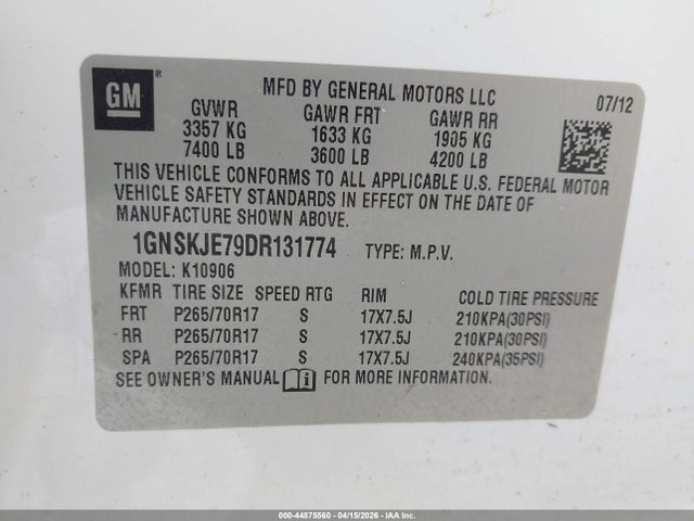 Продаж на аукціоні авто 2013 Chevrolet Suburban 1500 Lt, vin: 1GNSKJE79DR131774, номер лоту: 44875560