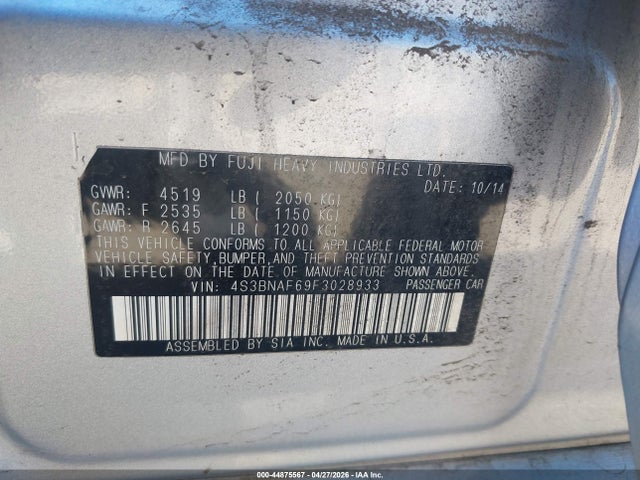 Aukcja sprzedaży 2015 Subaru Legacy 2.5i Premium, vin: 4S3BNAF69F3028933, numer aukcji: 44875567