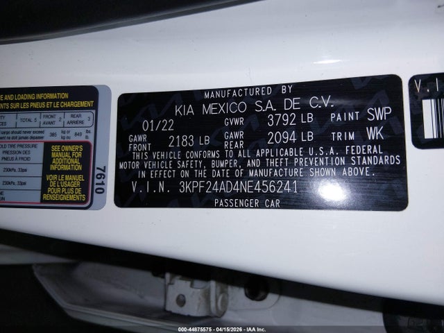 3KPF24AD4NE456241 KIA Forte Lxs