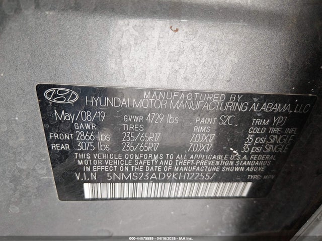 Продажа на аукционе авто 2019 Hyundai Santa Fe Se, vin: 5NMS23AD9KH122557, номер лота: 44875599