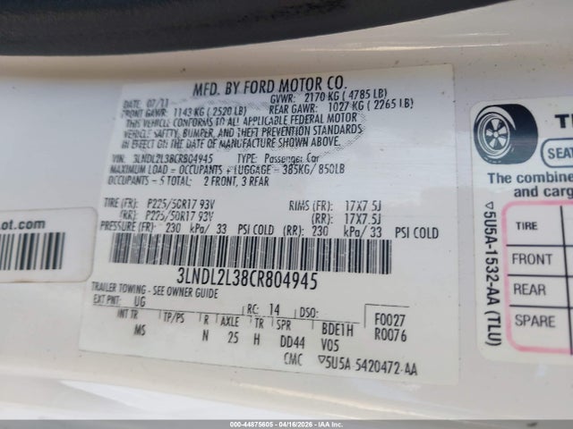 Auction sale of the 2012 Lincoln Mkz Hybrid, vin: 3LNDL2L38CR804945, lot number: 44875605