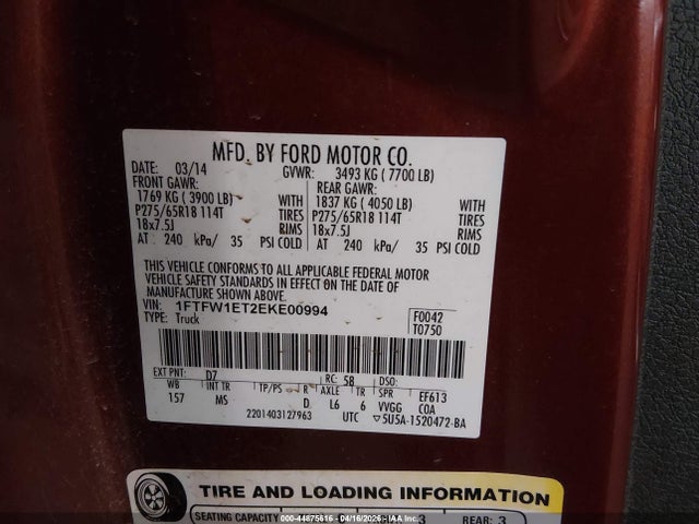 2014 Ford F-150 Xlt მანქანა იყიდება აუქციონზე, vin: 1FTFW1ET2EKE00994, აუქციონის ნომერი: 44875616