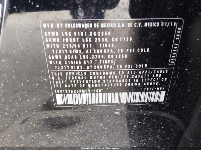 2019 Volkswagen Tiguan 2.0t S მანქანა იყიდება აუქციონზე, vin: 3VV1B7AX5KM091108, აუქციონის ნომერი: 44875628