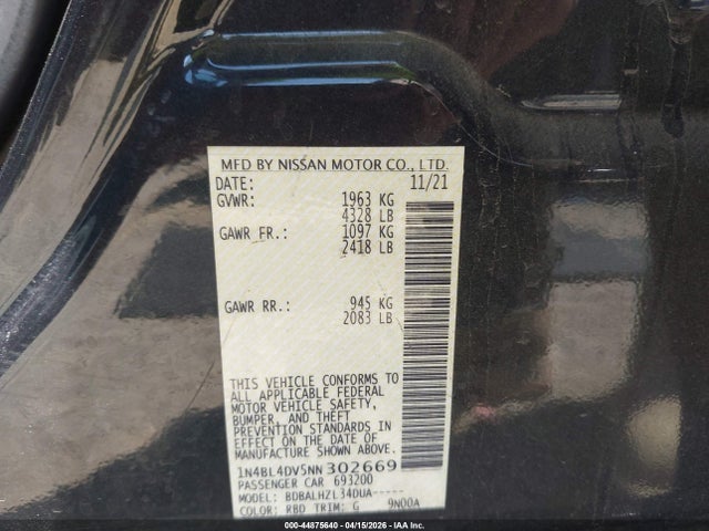 Aukcja sprzedaży 2022 Nissan Altima Sv Fwd, vin: 1N4BL4DV5NN302669, numer aukcji: 44875640