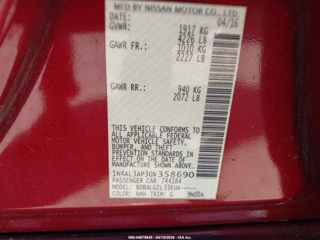 44875648 :رقم المزاد ، 1N4AL3AP3GN358690 vin ، 2016 Nissan Altima 2.5 S مزاد بيع