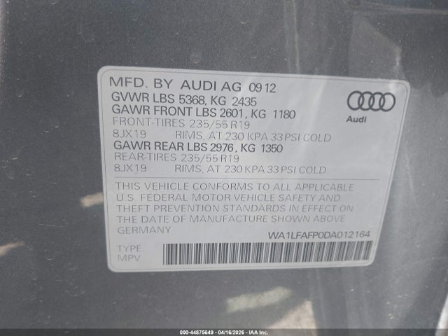 Продажа на аукционе авто 2013 Audi Q5 2.0t Premium, vin: WA1LFAFP0DA012164, номер лота: 44875649