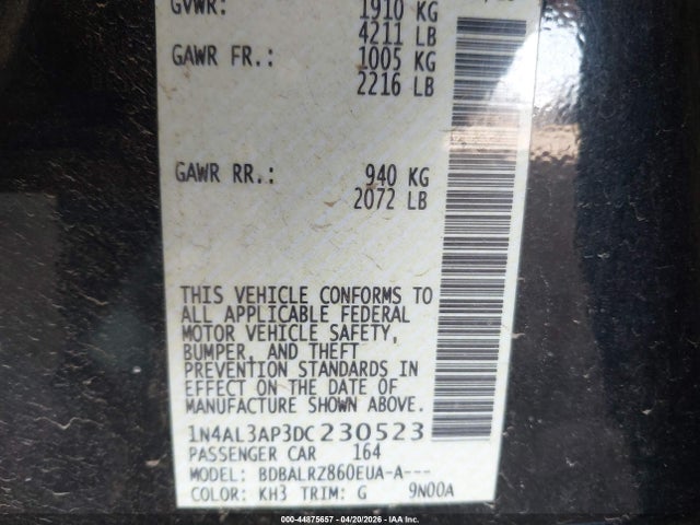 2013 Nissan Altima 2.5 S მანქანა იყიდება აუქციონზე, vin: 1N4AL3AP3DC230523, აუქციონის ნომერი: 44875657