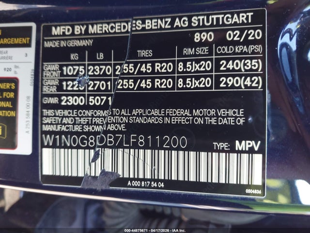 Aukcja sprzedaży 2020 Mercedes-benz Glc 300, vin: W1N0G8DB7LF811200, numer aukcji: 44875671