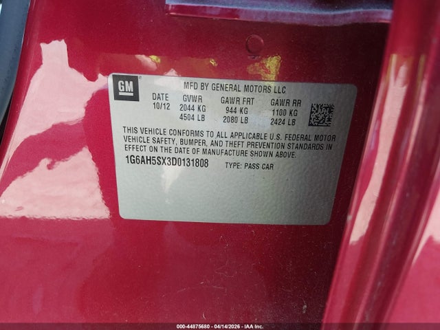 2013 Cadillac Ats Luxury მანქანა იყიდება აუქციონზე, vin: 1G6AH5SX3D0131808, აუქციონის ნომერი: 44875680