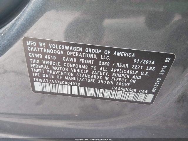 44875681 :رقم المزاد ، 1VWAT7A37EC064973 vin ، 2014 Volkswagen Passat 1.8t S مزاد بيع