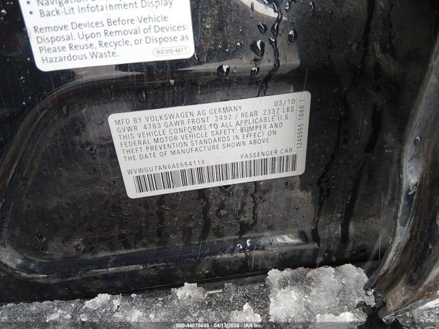 44875685 :رقم المزاد ، WVWGU7AN6AE554119 vin ، 2010 Volkswagen Cc Vr6 مزاد بيع