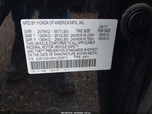 44875735 :رقم المزاد ، 5J8YD4H34HL000611 vin ، 2017 Acura Mdx مزاد بيع