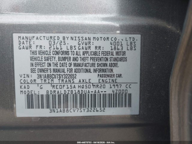 3N1AB8CV7SY322652 Nissan SENTRA SV