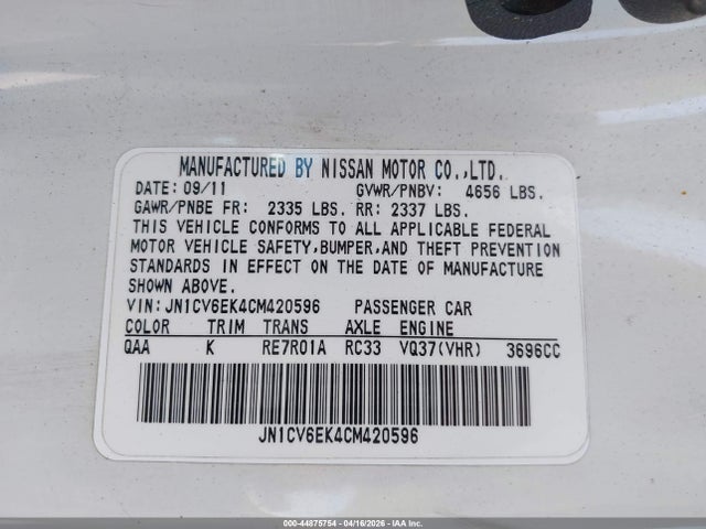 Продажа на аукционе авто 2012 Infiniti G37 Journey, vin: JN1CV6EK4CM420596, номер лота: 44875754