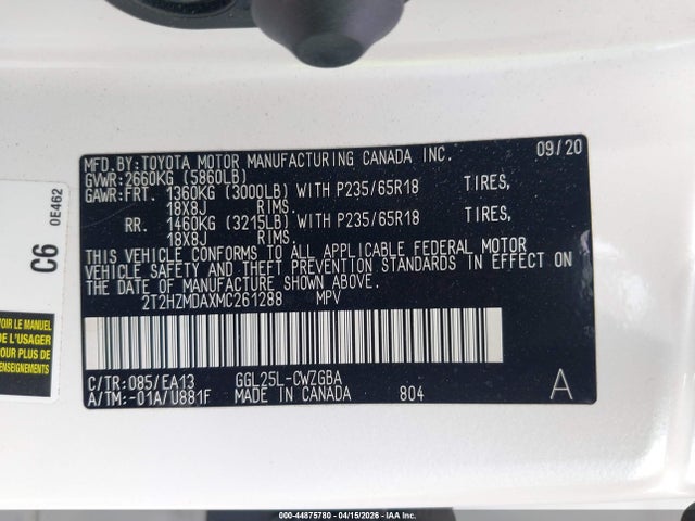 Aukcja sprzedaży 2021 Lexus Rx 350, vin: 2T2HZMDAXMC261288, numer aukcji: 44875780