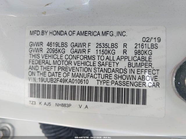 44875798 :رقم المزاد ، 19UUB2F49KA010610 vin ، 2019 Acura Tlx Tech Pkg مزاد بيع