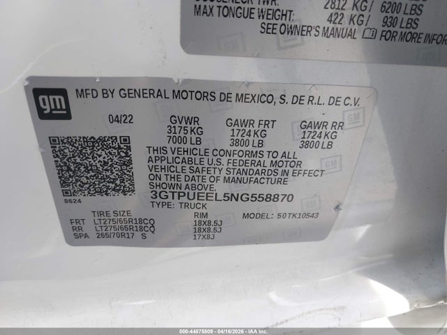 Продажа на аукционе авто 2022 Gmc Sierra 1500 4wd  Short Box At4, vin: 3GTPUEEL5NG558870, номер лота: 44875809