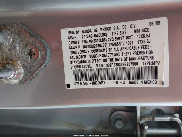 44875811 :رقم المزاد ، 3CZRE38339G707508 vin ، 2009 Honda Cr-v Lx مزاد بيع