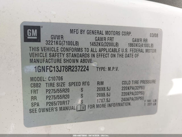 44875858 :رقم المزاد ، 1GNFC13J78R237224 vin ، 2008 Chevrolet Tahoe Ltz مزاد بيع
