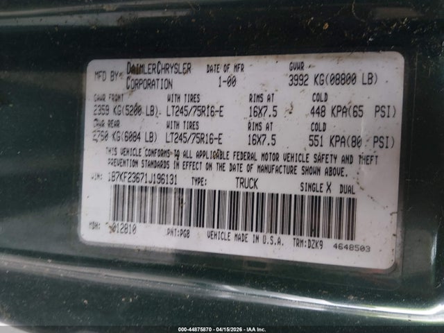 Продажа на аукционе авто 2001 Dodge Ram 2500 St, vin: 1B7KF23671J196131, номер лота: 44875870