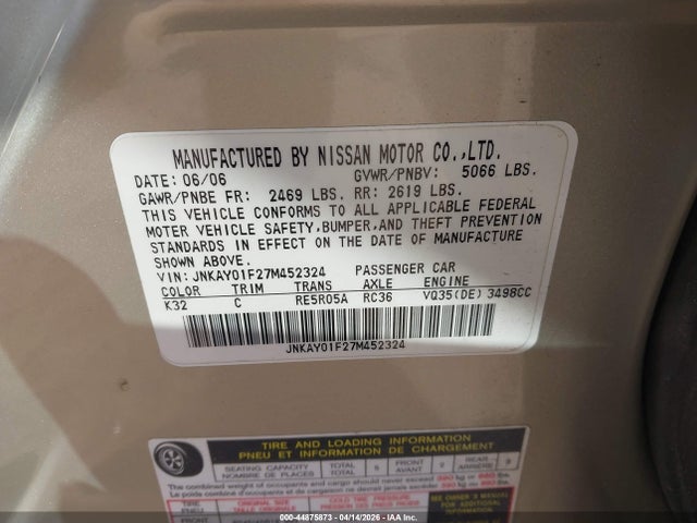 Aukcja sprzedaży 2007 Infiniti M35x, vin: JNKAY01F27M452324, numer aukcji: 44875873