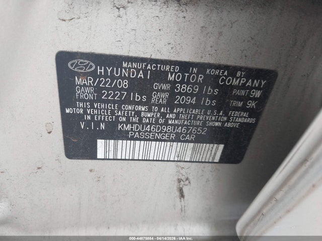2008 HYUNDAI ELANTRA KMHDU46D98U467652 Photo 8