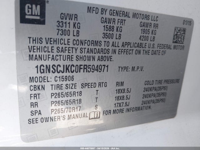 Aukcja sprzedaży 2015 Chevrolet Suburban 1500 Lt, vin: 1GNSCJKC0FR594971, numer aukcji: 44875887