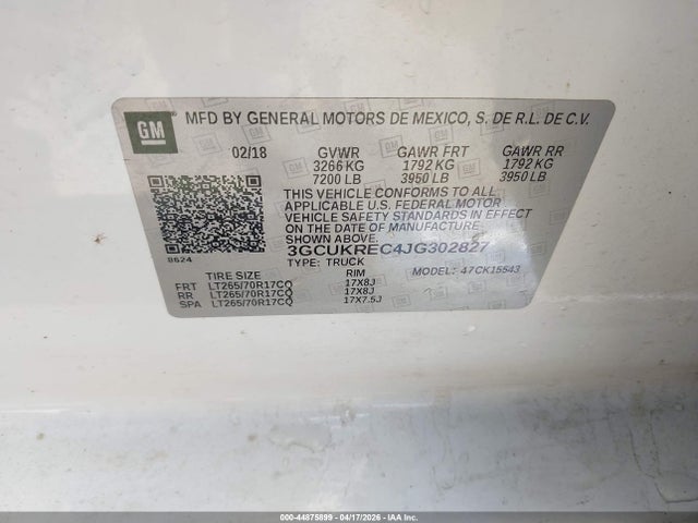 44875899 :رقم المزاد ، 3GCUKREC4JG302827 vin ، 2018 Chevrolet Silverado 1500 1lt مزاد بيع