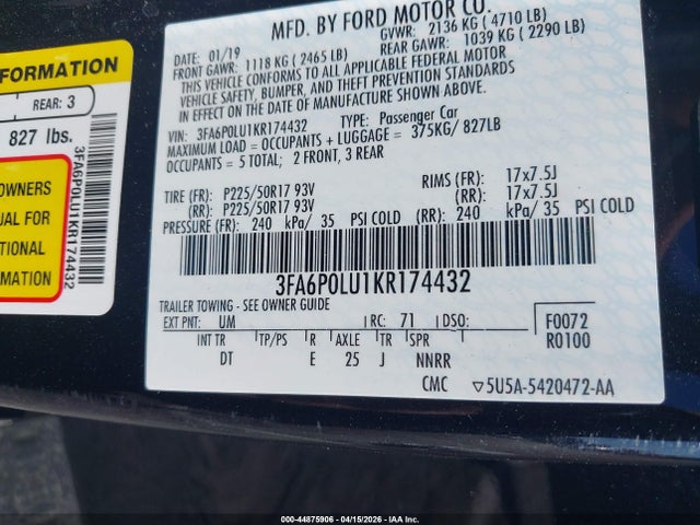 Ford Fusion Hybrid Se 2019 3FA6P0LU1KR174432 Image 9