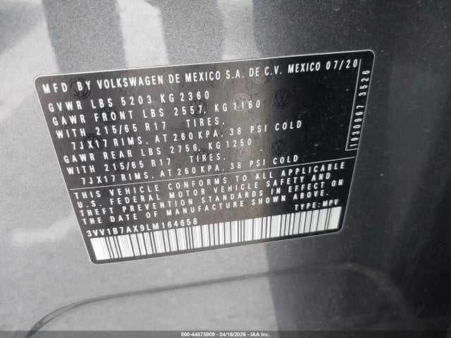 3VV1B7AX9LM164658 Volkswagen Tiguan 2.0t S