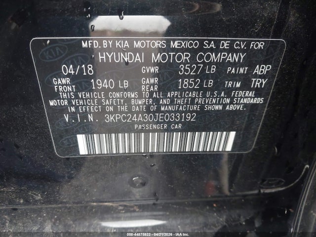 2018 Hyundai Accent Se მანქანა იყიდება აუქციონზე, vin: 3KPC24A30JE033192, აუქციონის ნომერი: 44875922