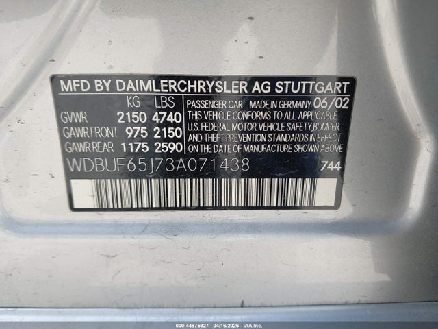 44875927 :رقم المزاد ، WDBUF65J73A071438 vin ، 2003 Mercedes-benz E 320 مزاد بيع