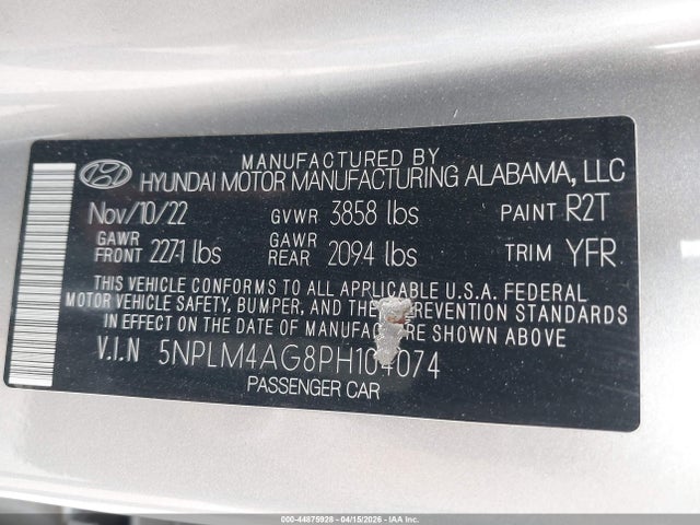 44875928 :رقم المزاد ، 5NPLM4AG8PH104074 vin ، 2023 Hyundai Elantra Sel مزاد بيع
