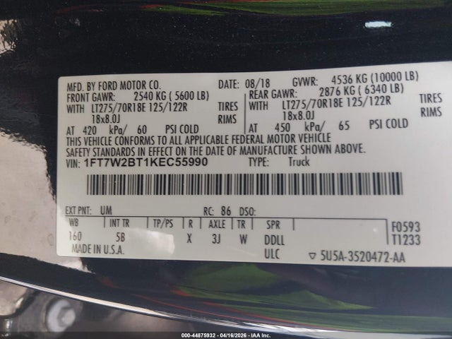 2019 Ford F-250 Lariat მანქანა იყიდება აუქციონზე, vin: 1FT7W2BT1KEC55990, აუქციონის ნომერი: 44875932