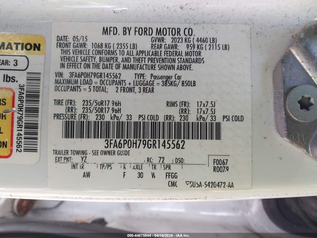 Aukcja sprzedaży 2016 Ford Fusion Se, vin: 3FA6P0H79GR145562, numer aukcji: 44875944
