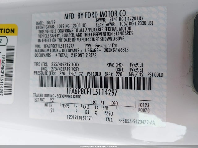 Продажа на аукционе авто 2020 Ford Mustang Gt Fastback, vin: 1FA6P8CF1L5114297, номер лота: 44875946