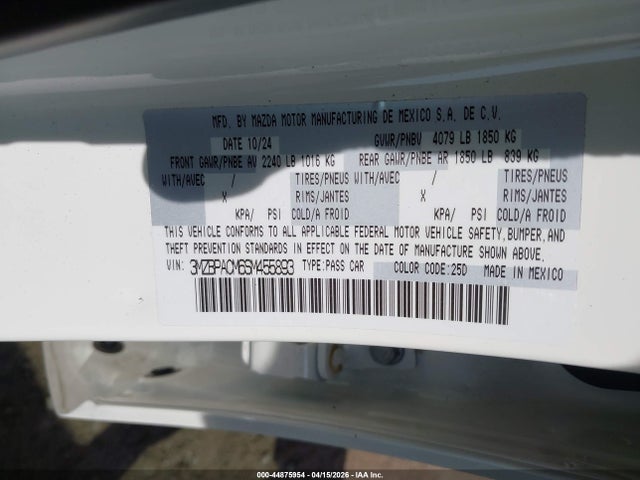 Aukcja sprzedaży 2025 Mazda Mazda3 2.5 S Preferred, vin: 3MZBPACM6SM455893, numer aukcji: 44875954