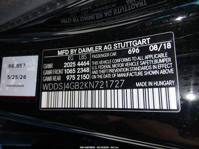 Aukcja sprzedaży 2019 Mercedes-benz Cla 250 4matic, vin: WDDSJ4GB2KN721727, numer aukcji: 44875955