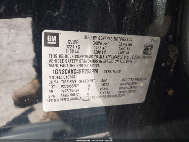 2016 Chevrolet Tahoe Ls მანქანა იყიდება აუქციონზე, vin: 1GNSCAKC4GR253929, აუქციონის ნომერი: 44875958