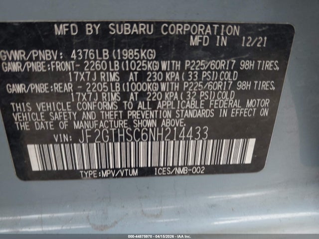 2022 Subaru Crosstrek Sport მანქანა იყიდება აუქციონზე, vin: JF2GTHSC6NH214433, აუქციონის ნომერი: 44875970