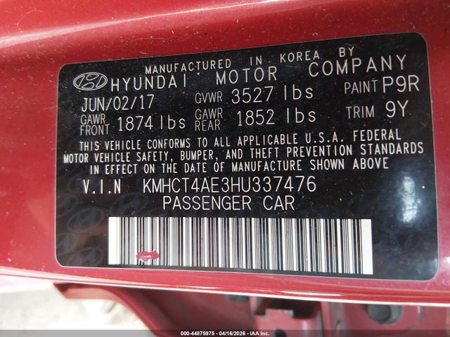 44875975 :رقم المزاد ، KMHCT4AE3HU337476 vin ، 2017 Hyundai Accent Se مزاد بيع