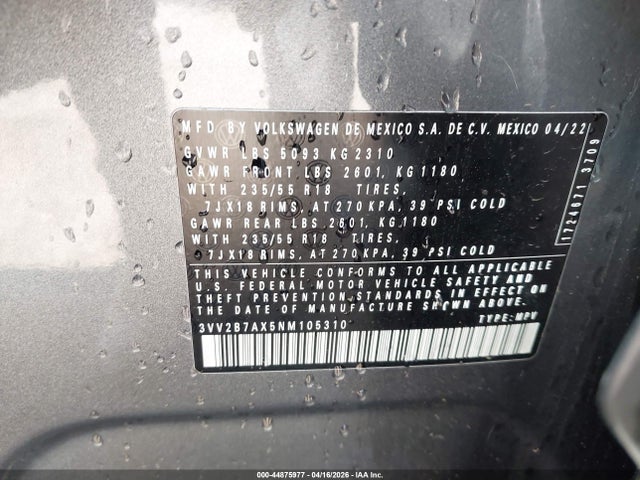 Продаж на аукціоні авто 2022 Volkswagen Tiguan 2.0t Se, vin: 3VV2B7AX5NM105310, номер лоту: 44875977