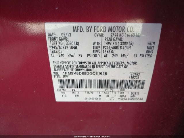 Продажа на аукционе авто 2013 Ford Explorer Xlt, vin: 1FM5K8D85DGC81638, номер лота: 44875983