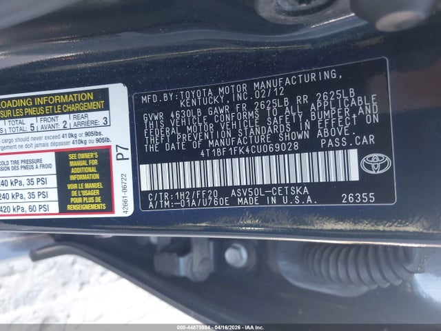 Aukcja sprzedaży 2012 Toyota Camry Se, vin: 4T1BF1FK4CU069028, numer aukcji: 44875984