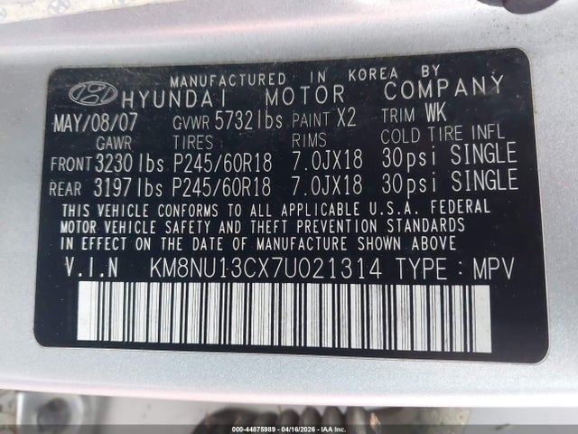 Aukcja sprzedaży 2007 Hyundai Veracruz Gls/limited/se, vin: KM8NU13CX7U021314, numer aukcji: 44875989