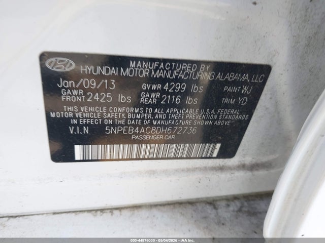 Aukcja sprzedaży 2013 Hyundai Sonata Gls, vin: 5NPEB4AC8DH672736, numer aukcji: 44876000