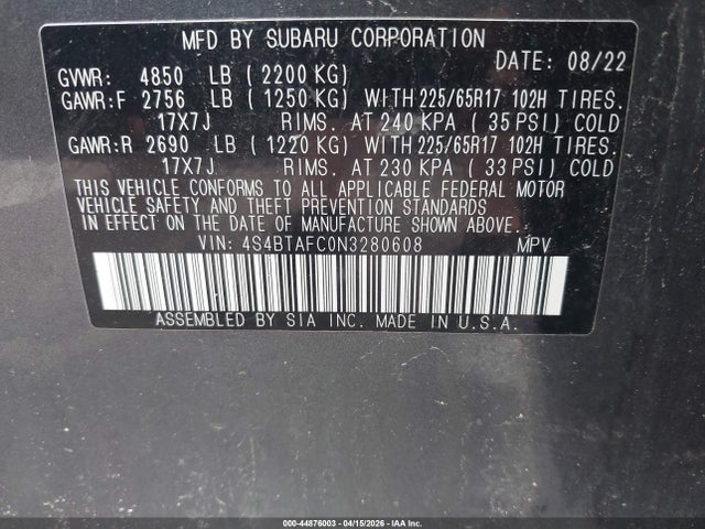 Продаж на аукціоні авто 2022 Subaru Outback Premium, vin: 4S4BTAFC0N3280608, номер лоту: 44876003